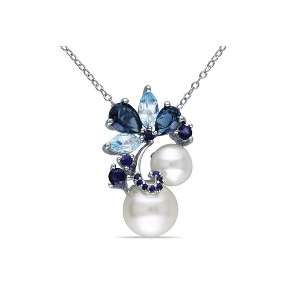 White Freshwater Cultured Pearl with London & Sky-Blue Topaz, Sapphire Pendant Necklace Sterling Silver for Women