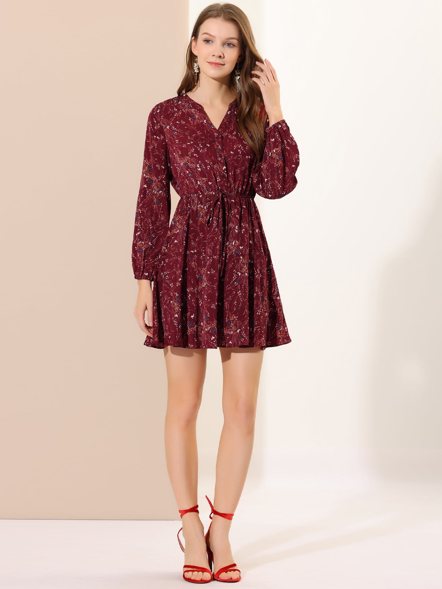 DARING DIVA V Neck Floral Print Elastic Waist Button Down Mini Dress L Burgundy