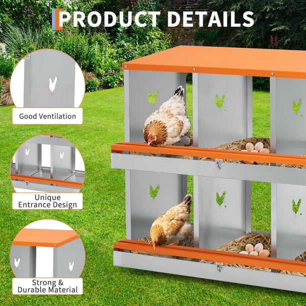 Historyli Nido para gallinas de 4 agujeros,de acero galvanizado,con compartimentos,para montaje en pared,fácil de recoger y limpiar,con ruedas,color naranja.