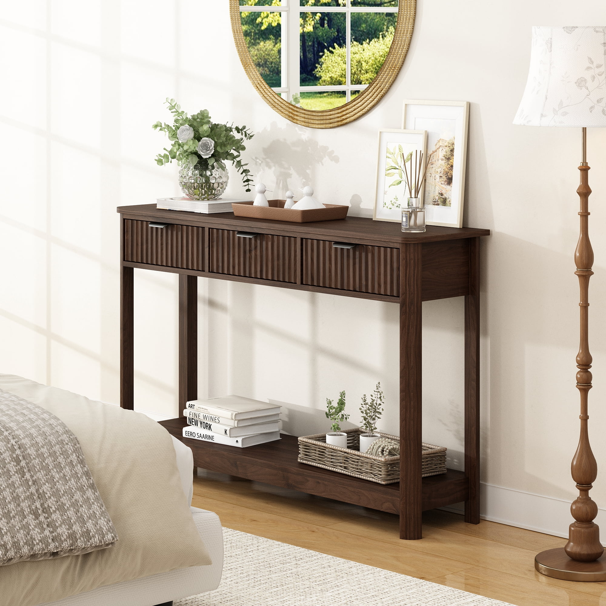 47" Console Table with 3 Drawers,Fluted Sofa Table, Entryway Table with Storage Shelf for Living room,Hallway and Bedroom,Brown