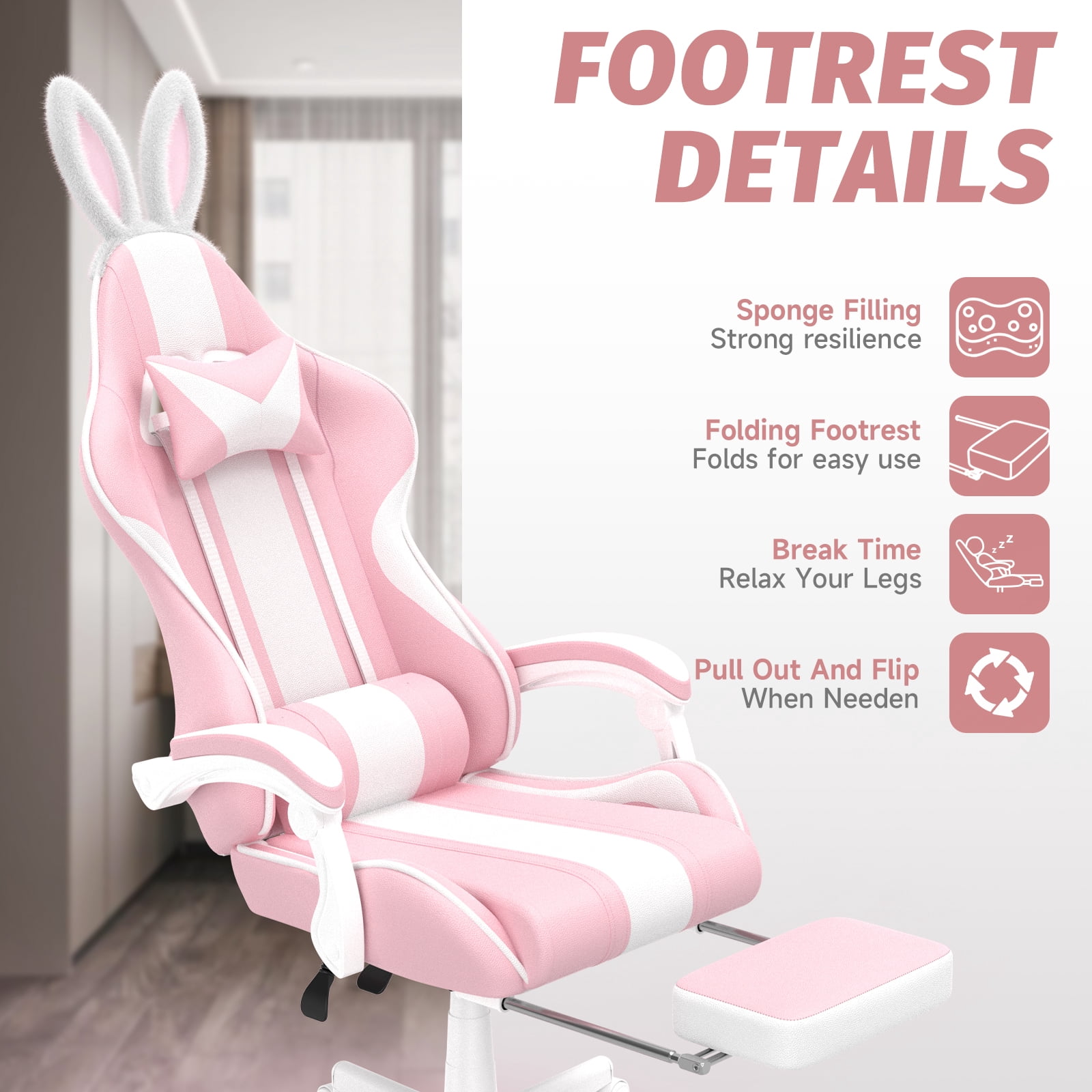 SOONTRANS Pink Gaming Chair, Girl High Back Gamer Chair with Footrest for Adult , Reclining Adjustable Game Office Chairs Massage Pillows