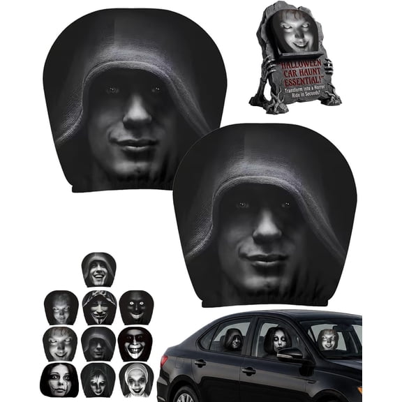 Scary Headrest Covers for Cars Ghost Creepy Horror Face Car Accessories | 2/4 PCS Halloween Funny Head Rest Cover for Car Stretchy Polyester Spandex Blend with Elastic Opening Quick Slip on Setup