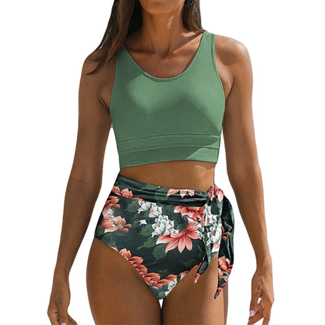 Conjunto de bikini para mujer, cintura alta, estampado floral, traje de baño de dos piezas con lazo lateral