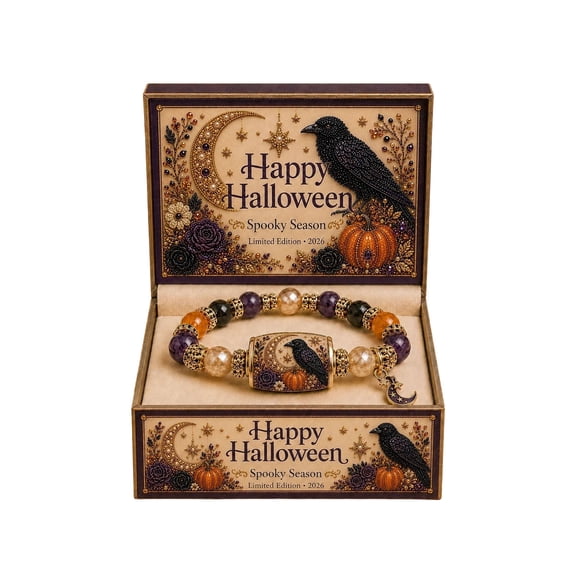 Sulaicai 2026 Halloween Witch Black Cat Pumpkin Beaded Stretch Bracelet, Vintage Pattern Barrel Bead Bracelet Gift Set with Witch Hat Dangle Charm, Holiday Party Accessory
