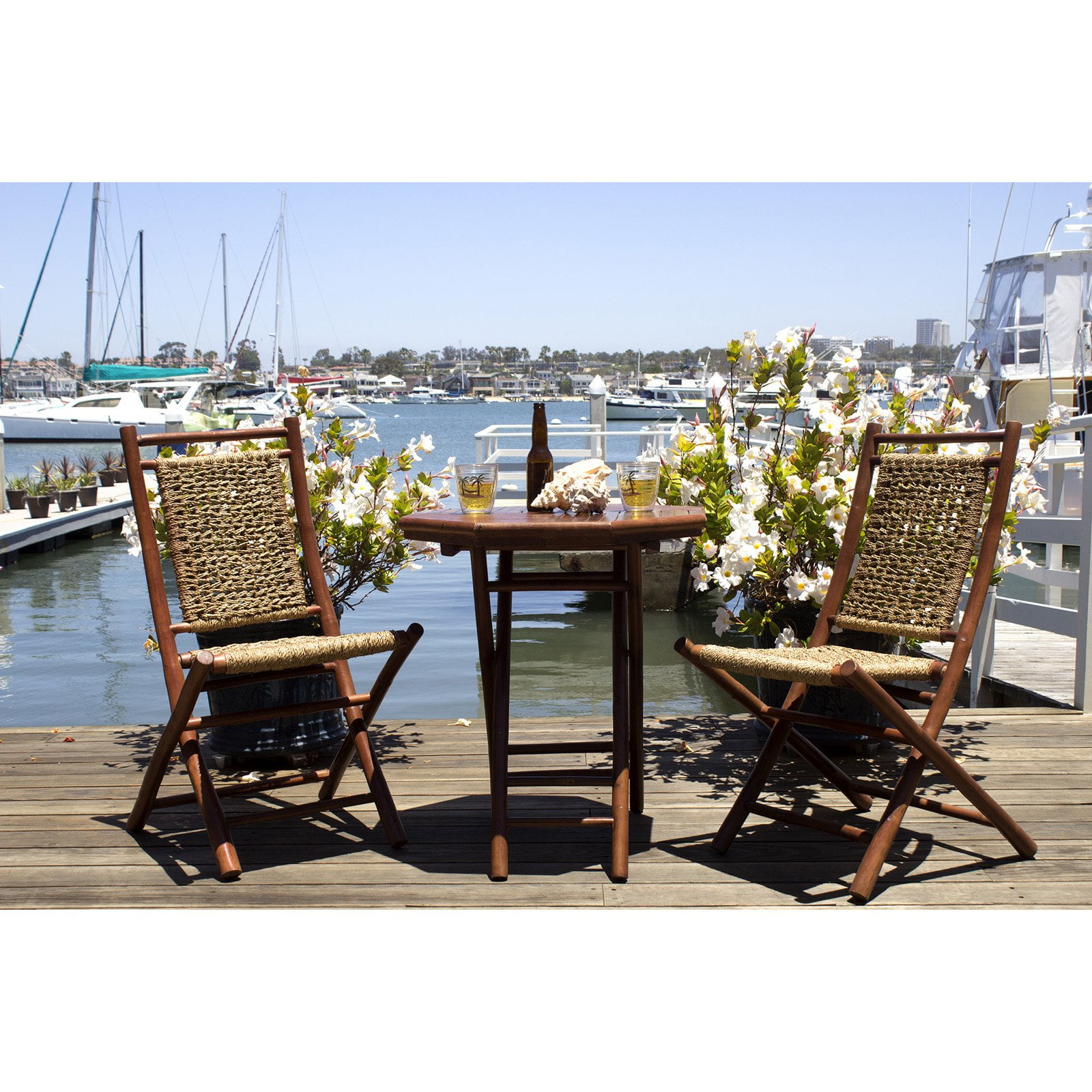 Heather Ann Creations The Maui Collection Contemporary Style Bamboo Wooden 3-Piece Table and Chairs Outdoor Patio Bistro Dining Set Natural 