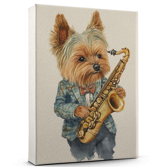 Yorkshire Terrier Dog Playing Saxophone Wall Stretched Canvas Size 8x12 – Yorkshire Terrier Canvas Art for Dog Lovers, Saxophone Canvas Wall Decor