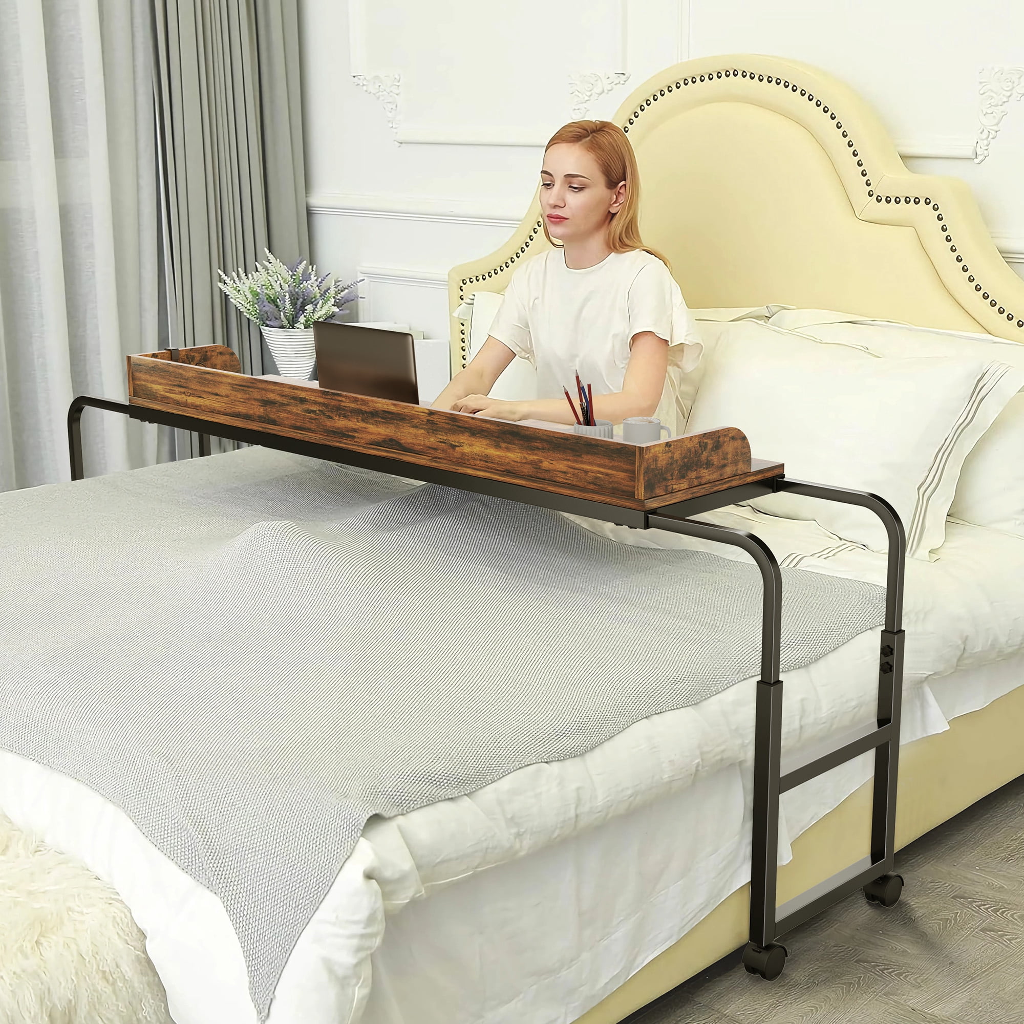 Frmobepts Overbed Table with Wheels, Queen Size Mobile Bed Desk with Adjustable Height and Led Light, Rolling Table, Laptop Table, Recliner Desk, for Bedroom, Living Room, Office,Brown