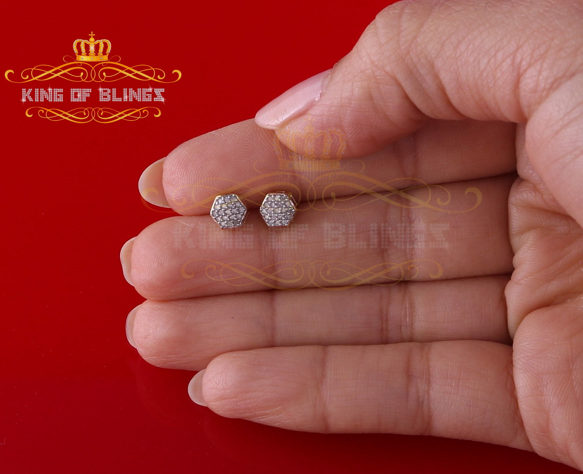 King of Bling's 0.15ct Diamond Stud Hexagon Earrings Yellow 925 Sterling Silver For Men/ Women