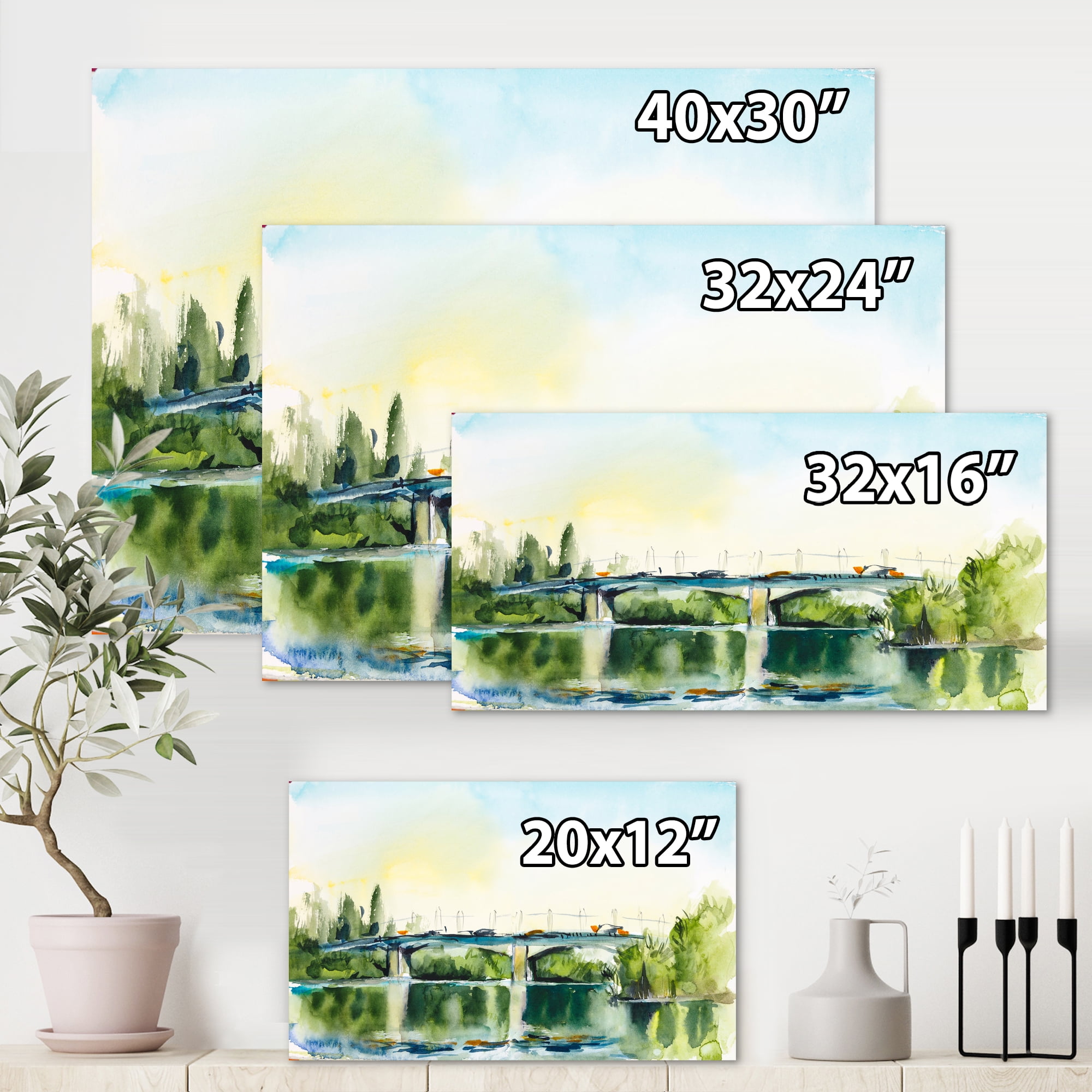 Designart ' Landscape With Old Bridge Over River In The Countryside ' Traditional Canvas Wall Art Print