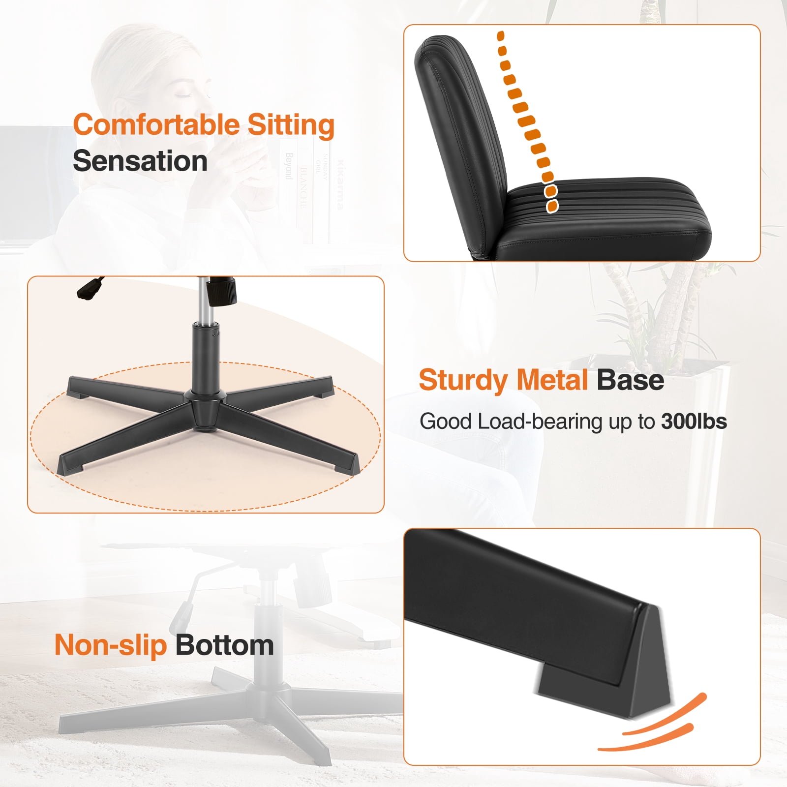 MCQ  Criss Cross Chair Legged Office Wide Comfy Desk Leather Seat, Armless Computer  Seating, Height Adjustable, for Family Bedroom, Black