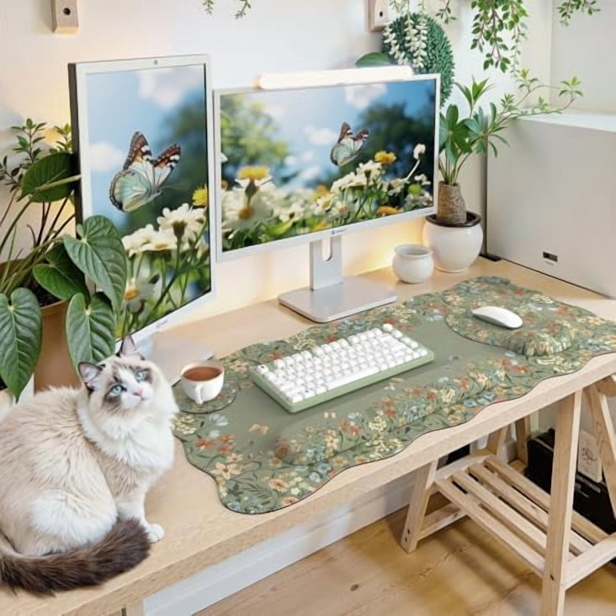 Tekola Desk Mat Set,Large Mouse Pad with Wrist Rest,Ergonomic Keyboard Wrist Support for Women,Girly Floral Computer Mat with Scalloped Edges,Non-Slip Desk Pad Home Office Gaming (Green)