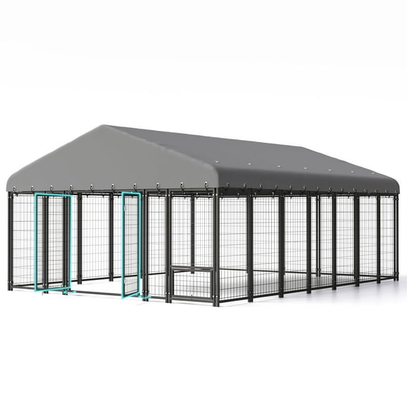 10X14FT Dog Kennel Outside Double Door Dog Kennel Outdoor with Feeding, Heavy Duty Outdoor Dog Crate Durable Dog Cage with Roof & Double Lock