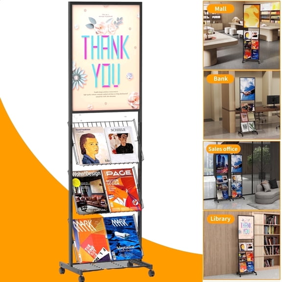 VGBYUJ Metal Magazine Rack 68in Height, Floor Standing Poster Holder with Wheels for Office, Home, Shops