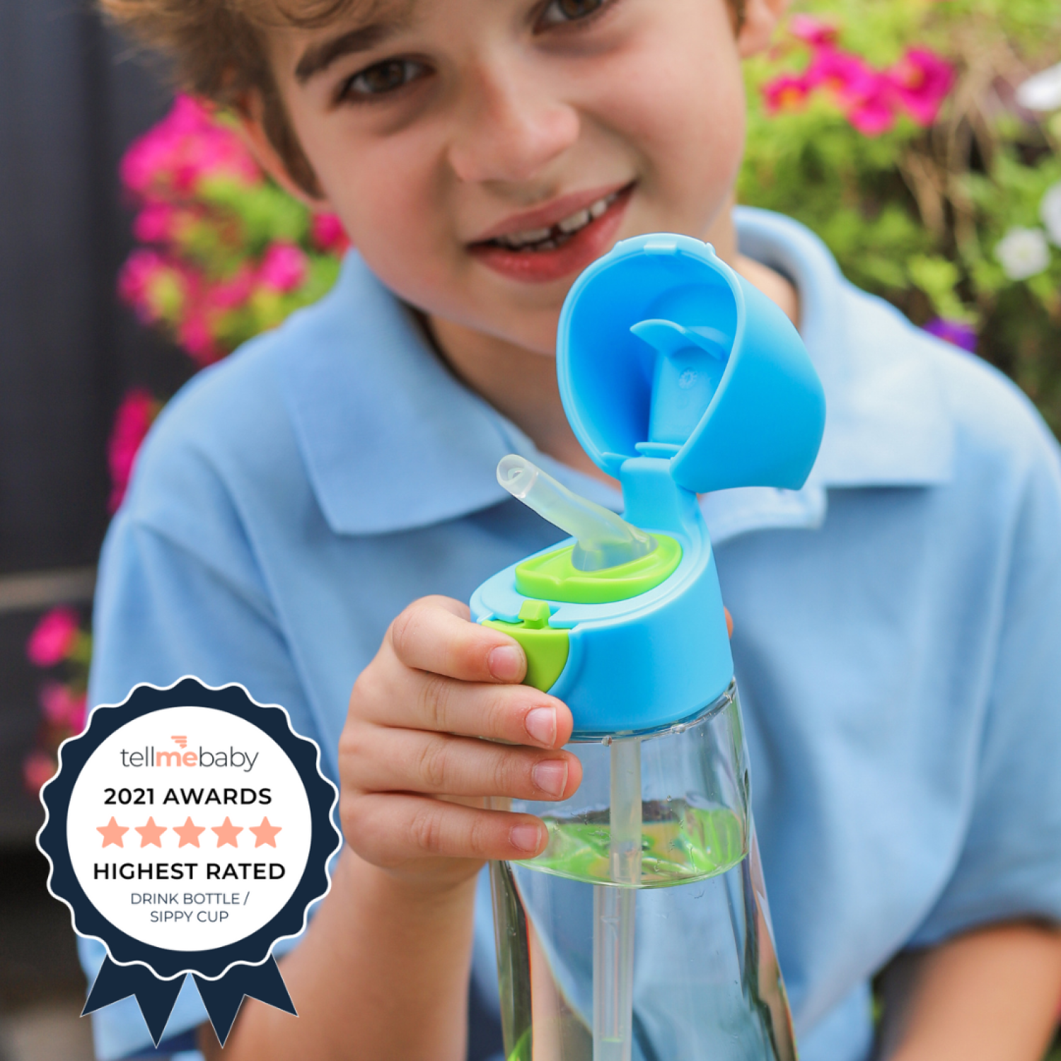 b.box 20oz Tritan™ Drink Bottle - Flip Top Straw Water Bottle for Kids (Blue Slate)