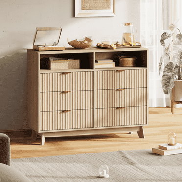 MELLCOM 6 Drawers Dressers, 45" Fluted Chest of Drawers, Wood Drawer Storage Organizer, with Metal Handle, for Bedroom, Living Room, Natural Oak