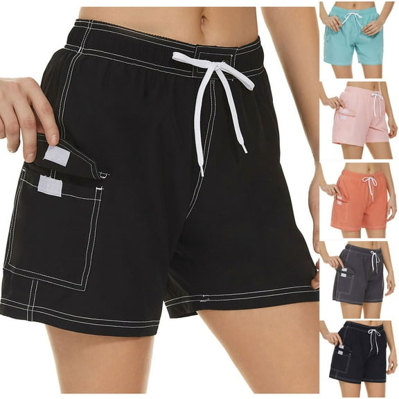 Pxkloy Women's Cargo Shorts High Waisted Drawstring Wide Leg Casual Short Summer Loose Outdoor Hiking Shorts with Pockets Black,M