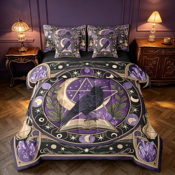 Homewish Halloween Crow Twin Bedding, Witch Magic Book Bedding Comforter Set, Black Reversible 7 Pieces