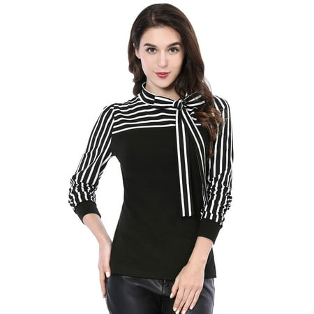 Stripe Tunic Top Shirt - Women's Self Tie Collar Striped Sleeves Autumn Shirt Top Tunic Blouse