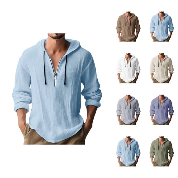 Half Zip Pullover Men 2026 Spring Fall Long Sleeve Lightweight Cotton Linen Hooded Shirt Mens Hoodie