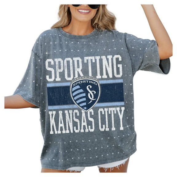 Women's-Gameday Couture Gray Sporting Kansas City Oversized Mini Rhinestone Classic T-Shirt