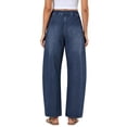 thumbnail image 4 of QQZ Barrel Leg Womens Elastic Waist Pull On Denim Pants, Knee Stitched Baggy Wide Leg Full Length Denim Trousers Suitable For Urban Street Style, Daily Errands And Back To School Outfits, 4 of 7