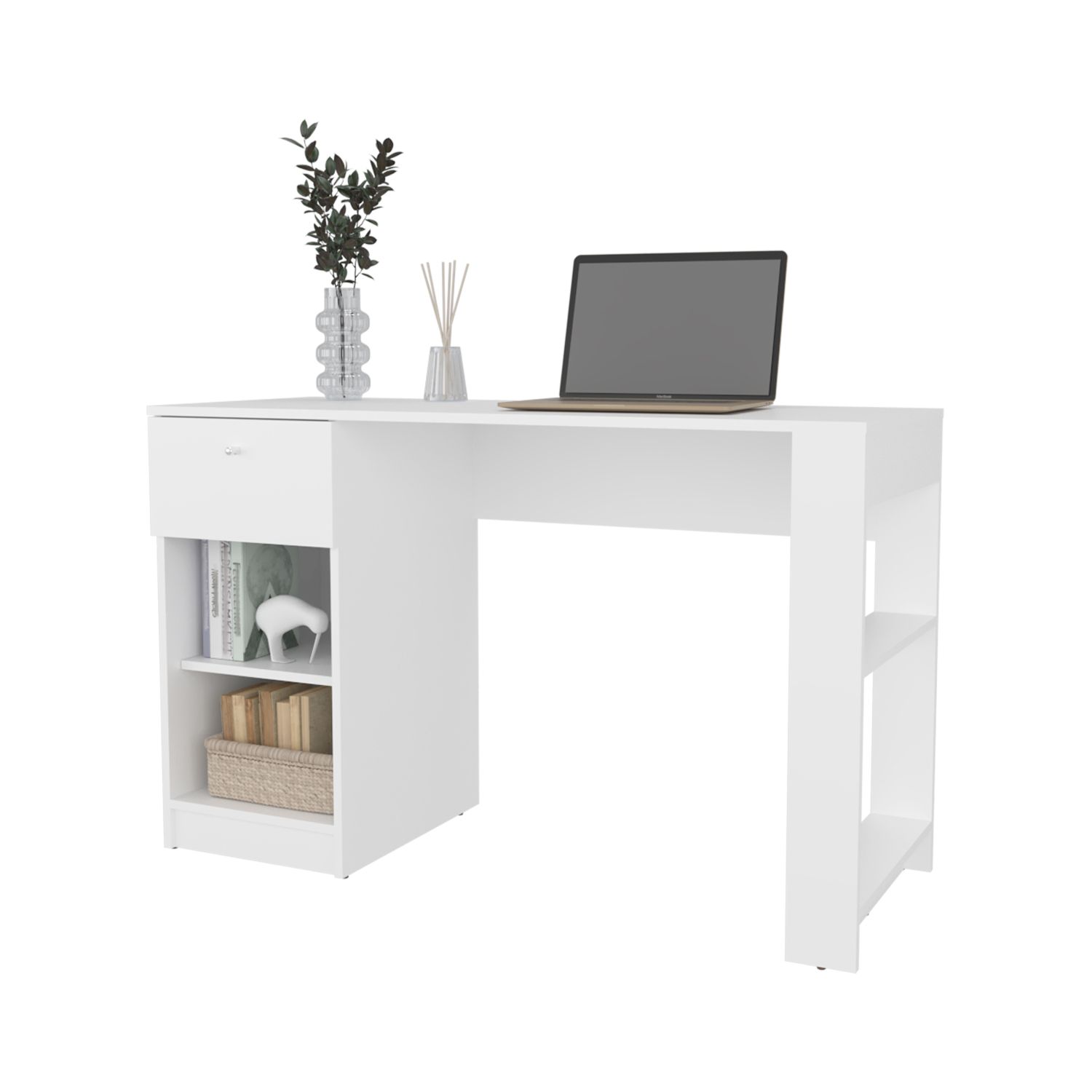 Computer Desk with Drawer and Two Open Shelves, 47.3 in Wide Rectangular Workstation for Home Office and Study, Assembly Required