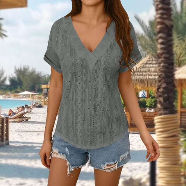 TaTaai Womens Casual Retro Jacquard Knit Solid V-Neck Short Sleeve Blouse Soft Breathable Fashion Daily Commute Wear Top Gift