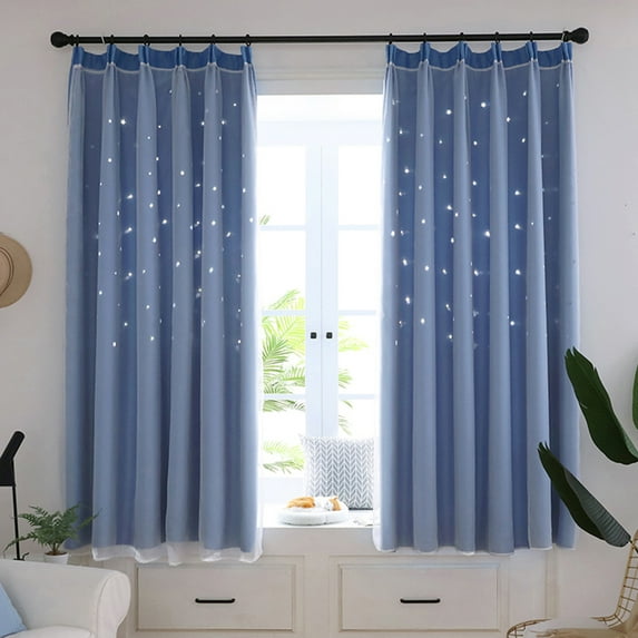 Romantic Double-layer Tulle Sheer Curtain + Blackout Curtains Hollow-Out Stars Eyelet Ring Top/Hooks Room Darkening Starry Curtain Lady Women Kids Girls Children Bedroom Decor