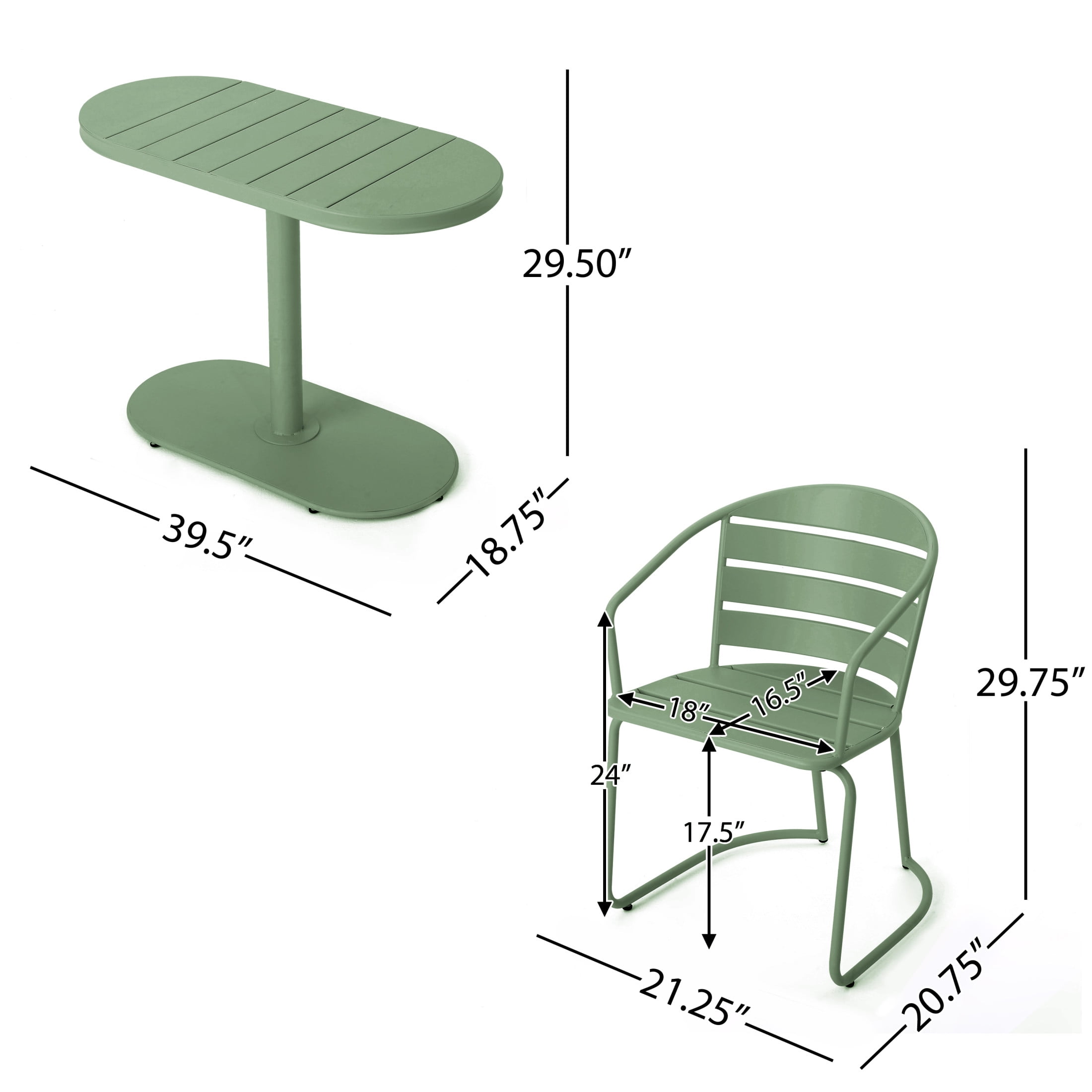 Christopher Knight Home Minimalist 3-Piece Outdoor Bistro Set, Oval Table & Slatted Chairs, Matte Dark Green