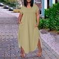 thumbnail image 2 of WTOBBY Women's Solid Color Slit Dress, Elegant Plus Size Short Sleeve V-Neck Casual Office Wear for Special Occasions Business Events and Cocktail Parties,Khaki 4XL, 2 of 5