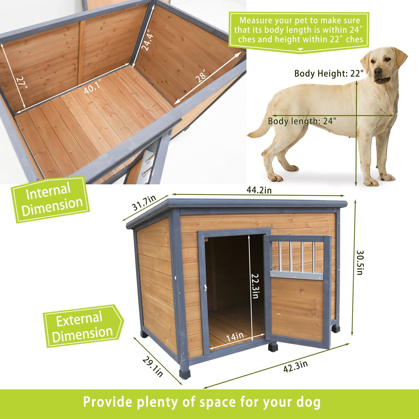 44.2" Wooden Dog House, Outdoor and Indoor Large Kennel with Elevated Feet and Breathable Wooden Doors, Weatherproof Solid Wood Doghouse for Small Large Dog