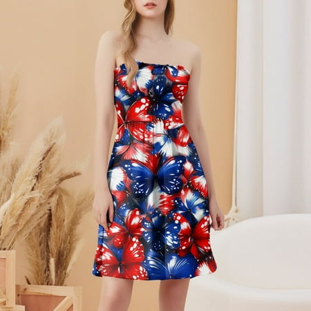 CHCNHAC Independence Day Beach Dresses for Women Patriotic Stars and Stripes Print Dresses Cute Flowy Swing Strapless Cocktail Party Dress Blue 2XL