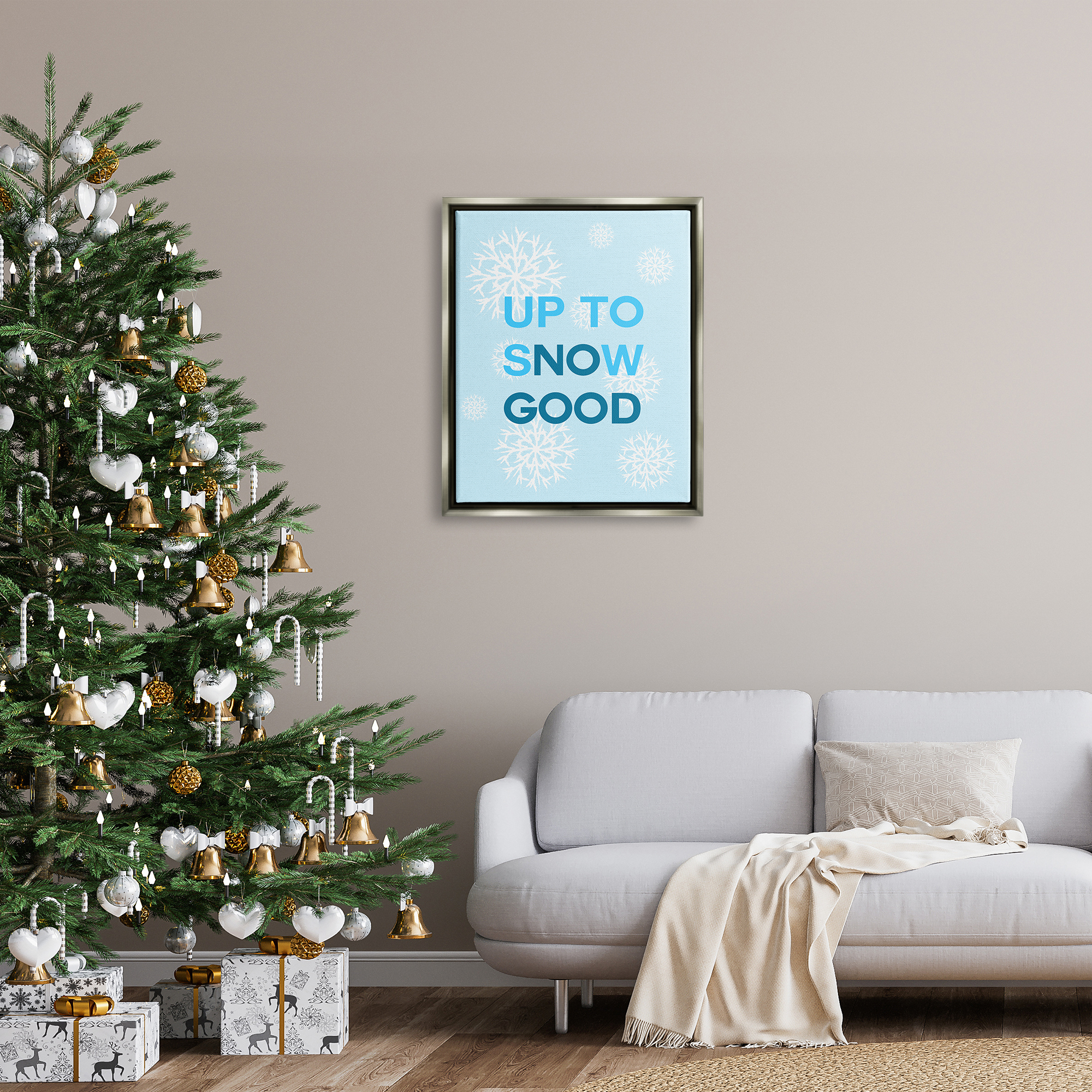 Stupell Industries Up To Snow Good Phrase Holiday Painting Gray Floater Framed Canvas Art Print Wall Art, 25 x 31