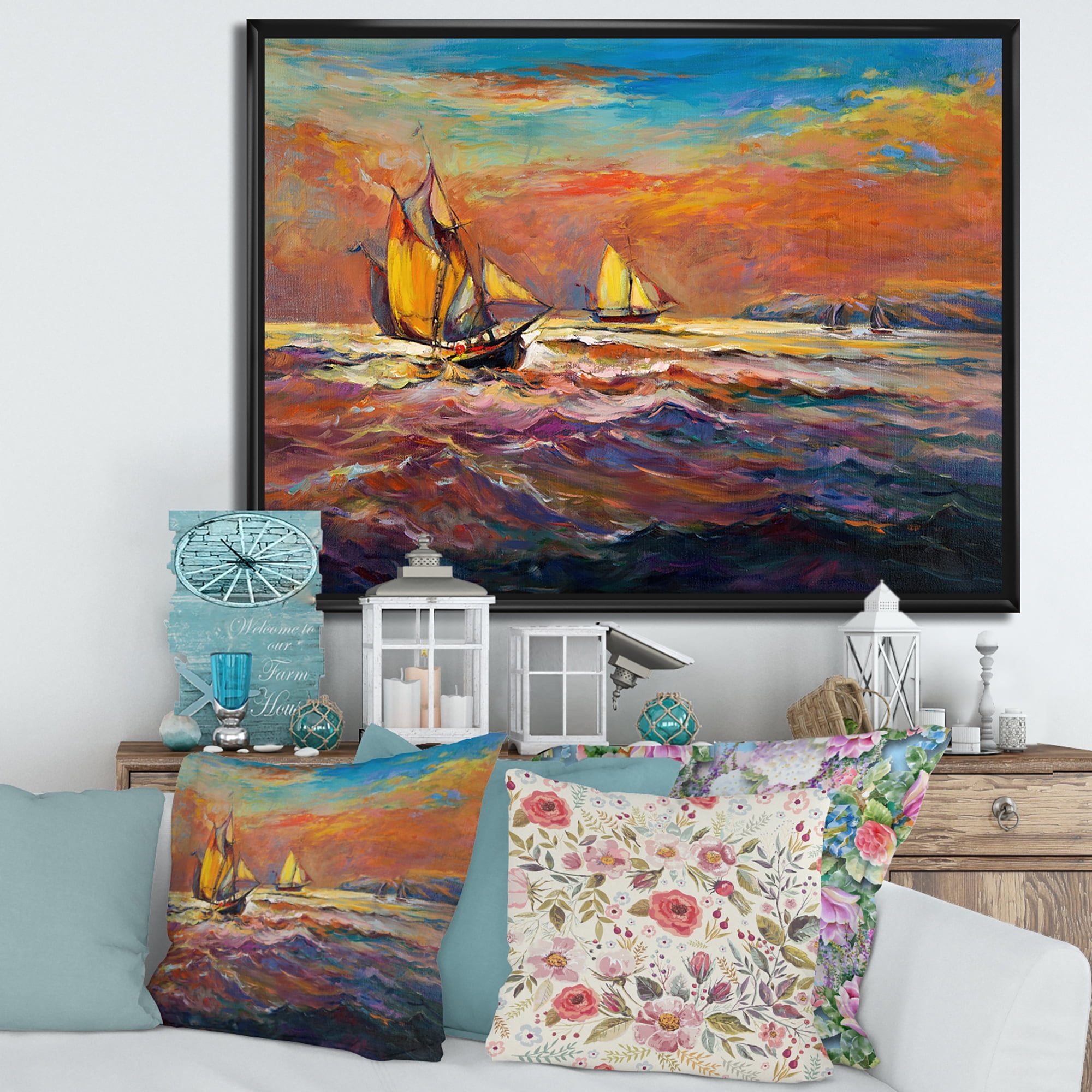 Designart 'Sailships On The Ocean Waves During Orange Evening Glow' Nautical & Coastal Framed Canvas Wall Art Print