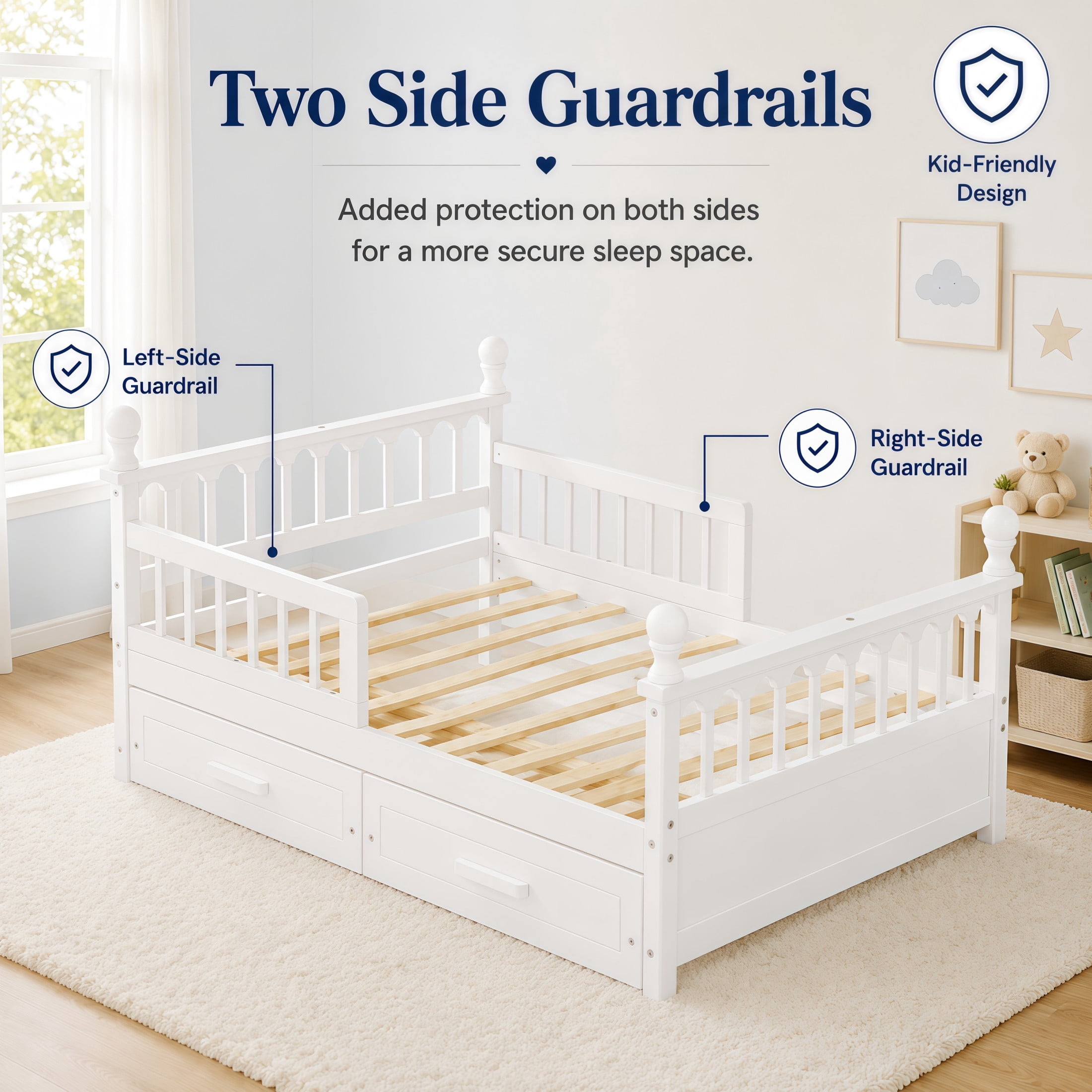 Noble House Orielle Full Kids Bed Frame with Storage Drawers, Low-Profile Platform Bed with Safety Guardrails, White