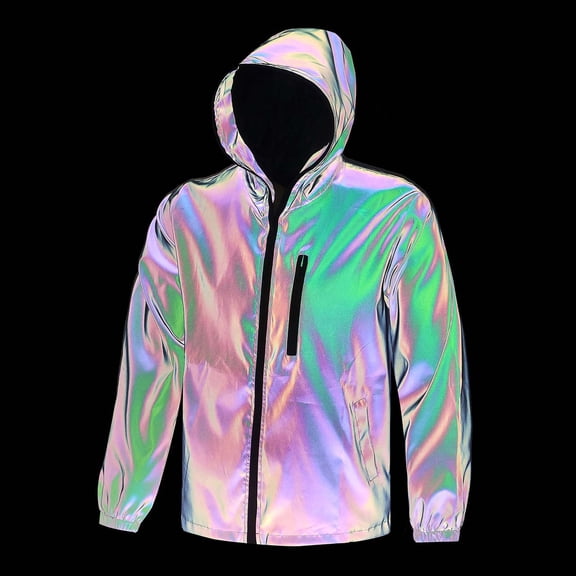 YFNNUP Men's Reflective Coat Hooded Windbreaker Fashion Running Pocket Jacket High Visibility Sport Coats Black,XL