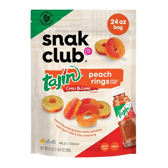 Snak Club Tajin Peach BCF26 Rings Gummy Candy, Fruit Candy Gummies with Chili and Lime Seasoning, Mild, Gluten-Free and Vegan Snacks, 24 oz Resealable Bag