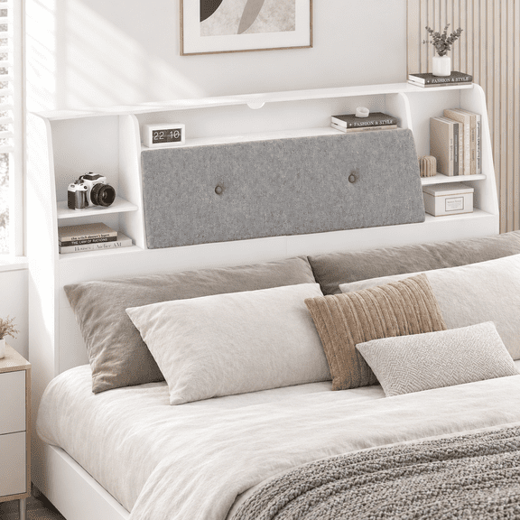 Someet Queen Size Removable Upholstered Bookcase Headboard, Headboard with 2 USB & 2 Type-C Port & Power Outlets & LED Light, White