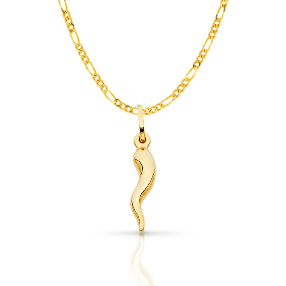 Ioka-14K Yellow Gold Cornicello Italian Horn Fortune Charm Pendant with 1.9mm Figaro 3+1 Chain Necklace - 24"