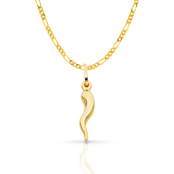 14K Yellow Gold Cornicello Italian Horn Fortune Charm Pendant with 1.9mm Figaro 3 1 Chain Necklace
