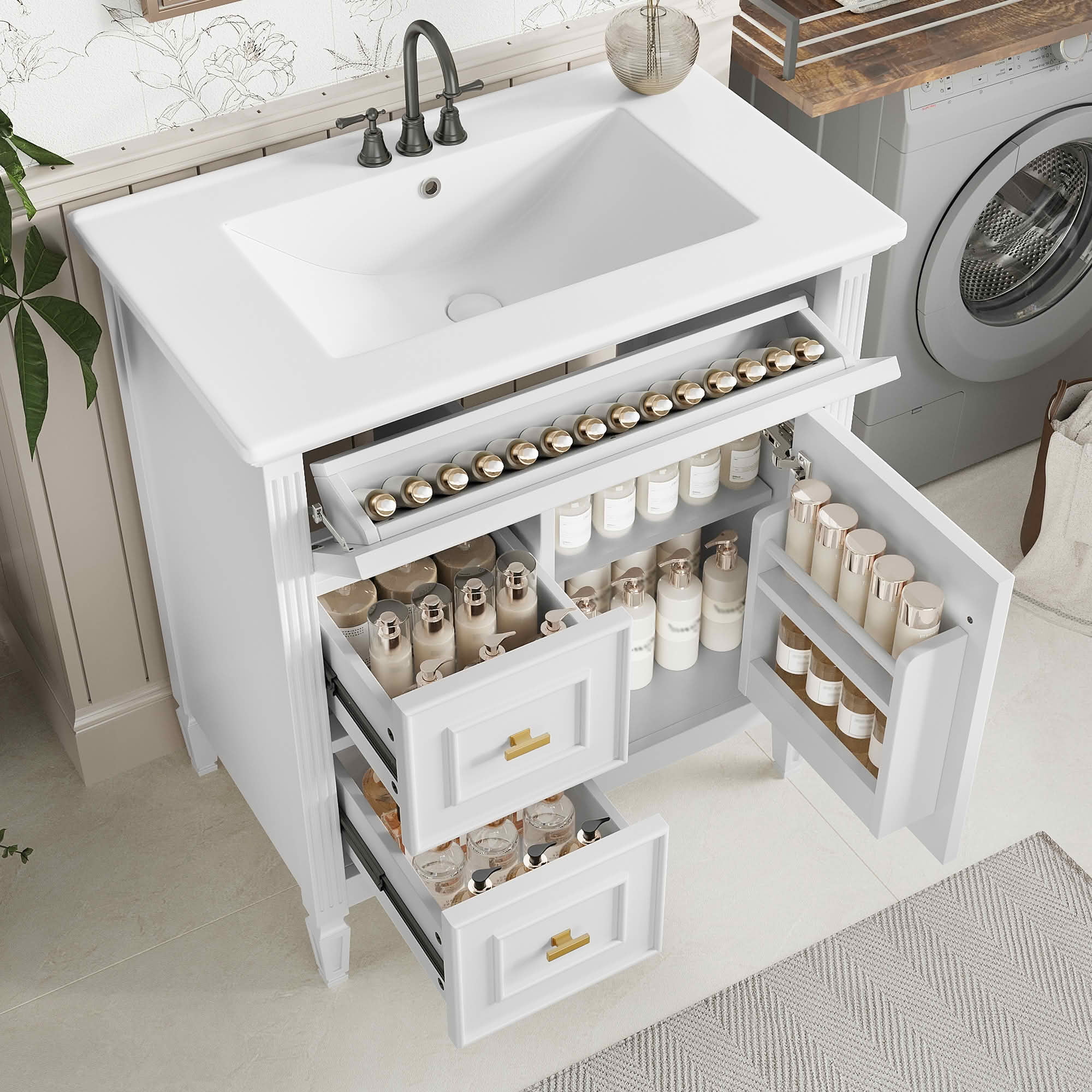 MAYEERTY 30" Bathroom Vanity with Sink, 1 Flip Drawer 2 Drawers Adjustable Shelf, Solid Wood MDF, White
