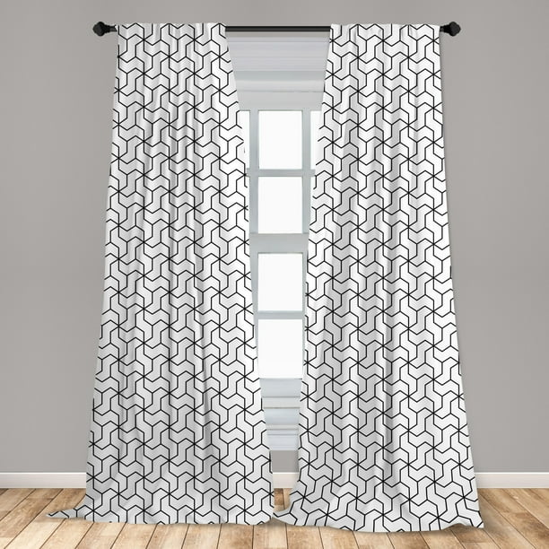 Black and White Curtains 2 Panels Set, Geometric Arrangement with