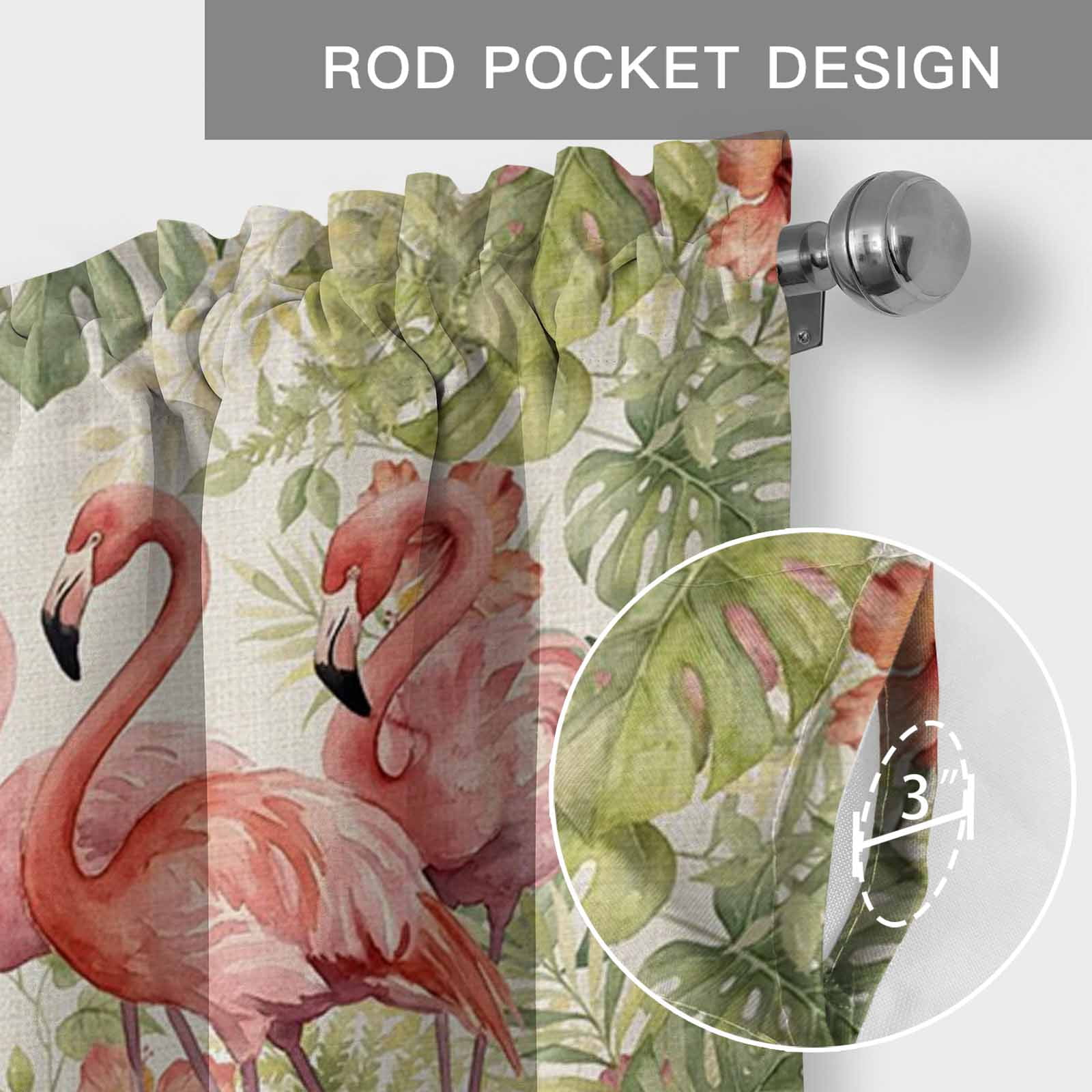 Summer Flamingo Valances for Windows Boho Red Tropical Animals Palm Trees Plants Linen Texture Rod Pocket Curtain Valance Window Treatment Short Curtains for Kitchen Living Room, 60"x18"