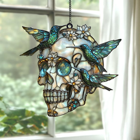 Floral Hummingbird Skull Acrylic Suncatcher Faux Stained Glass Window Hanging Gothic Bird Gift For Dia De Los Muertos Decor