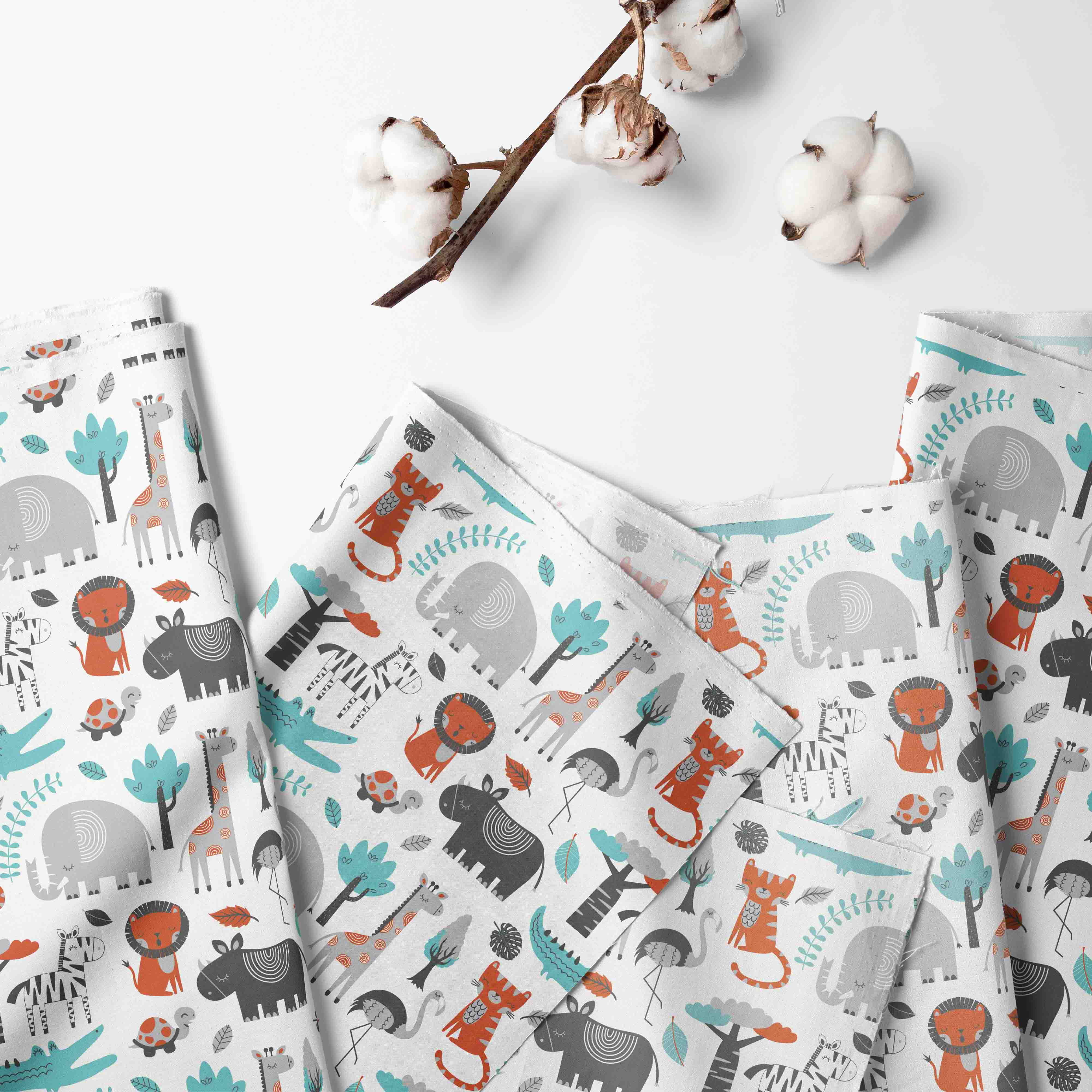 Crib or Toddler Bed Skirt or Dust Ruffle 100% Cotton Percale, Safari Jungle Aqua/Orange/Gray
