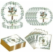 96pcs God Bless Baptism Plates and Napkins First Holy Communion Tableware Include 48pcs 7inch God Bless Paper Plates 48pcs Mi Bautizo Eucalyptus Paper Napkins Dinnerware for Baby Shower Decoration