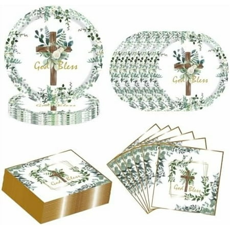 96pcs God Bless Baptism Plates and Napkins First Holy Communion Tableware Include 48pcs 7inch God Bless Paper Plates 48pcs Mi Bautizo Eucalyptus Paper Napkins Dinnerware for Baby Shower Decoration