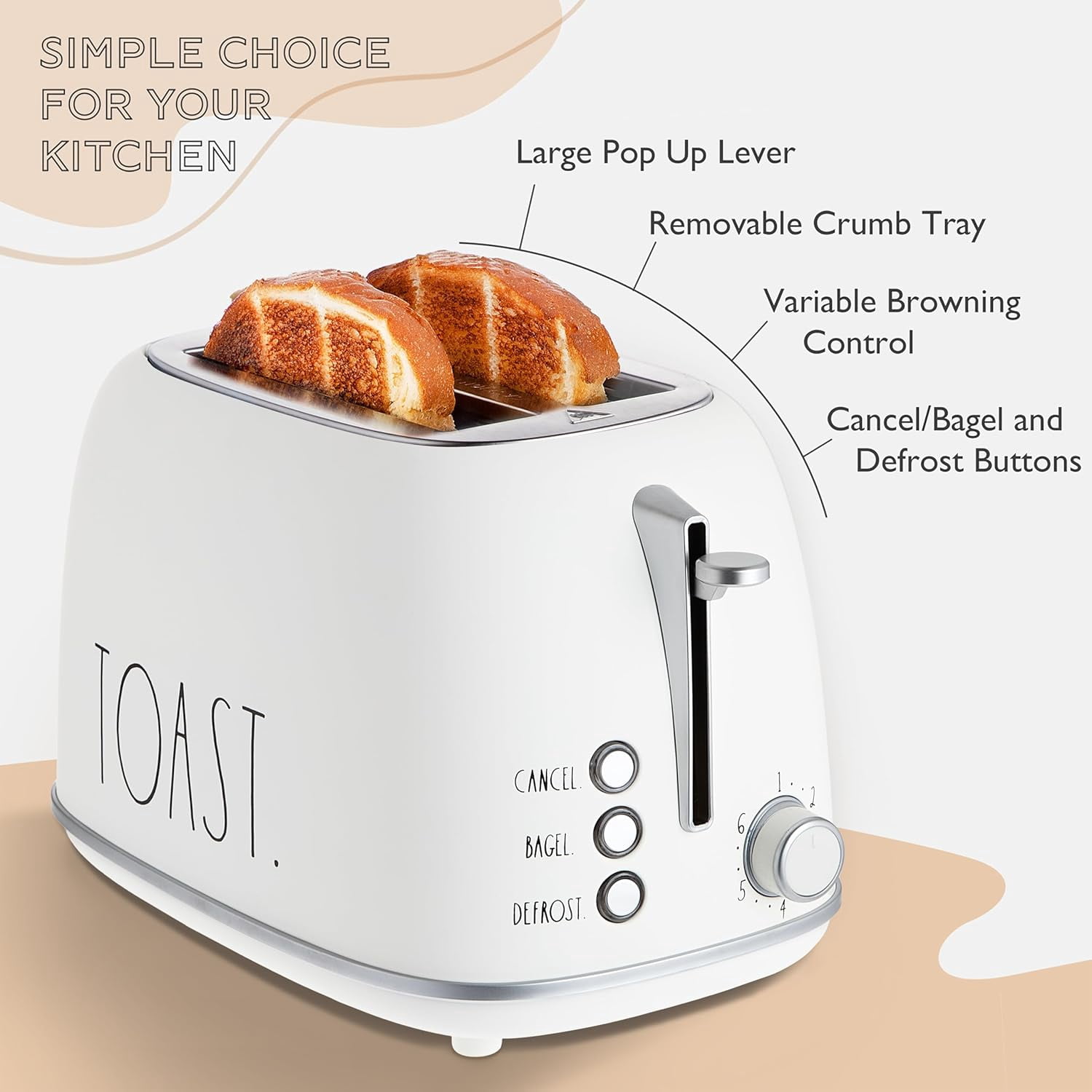 COOK WITH COLOR Retro Rounded 2 Slice Toaster, Stainless Steel Toaster with Wide Slots and 6 Browning Levels, White