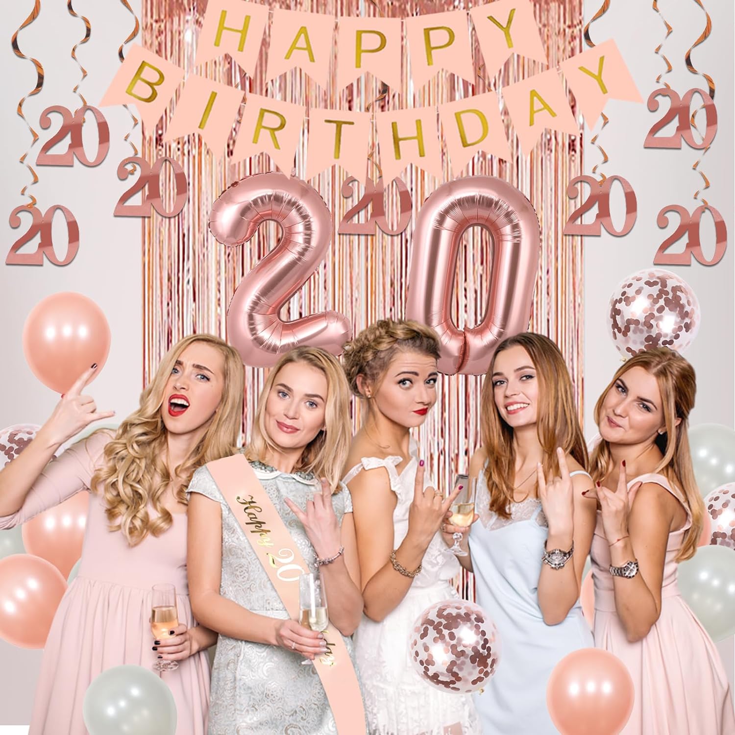 20th Birthday Decorations for Woman Rose Gold Goodbye Teen Years Balloon Banner Happy 20th Birthday Decorations with Happy Birthday Banner Number 20 Foil Balloon Hanging Swirls Sash