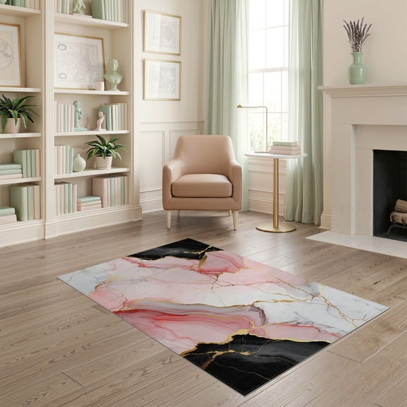 ODIKA 4'x6' Pink Black Abstract Gradient Grey Washable Area Rug Veined Stone Motif Flowing Ombre Blend Golden Accent Streaks Non-Slip, Chair-Friendly, Flatwoven for Home Office, Under Desk